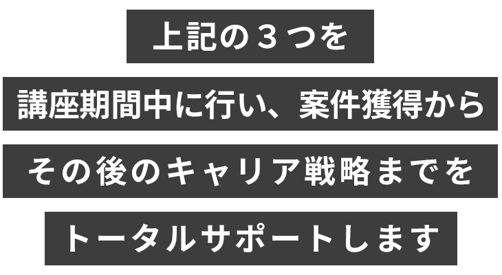 上記の3つを講座期間中に行い収益化から、その後のキャリア戦略までをトータルサポートします